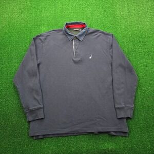Nautica Polo Shirt Mens Large Navy Blue Rugby Pullover Long Sleeve Casual